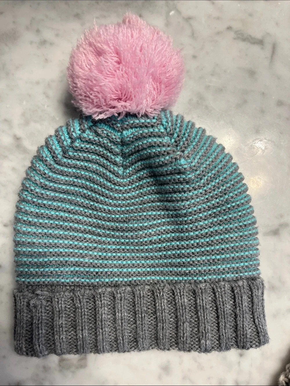 Kids Mint & Gray Knit Beanie with Pink Pom and cozy head band